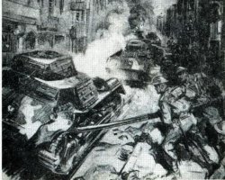 C фантазией у затейников, придумавших английскую и итальянскую инструкции было всё зашибись! А вот с физикой, механикой и просто здравым смыслом - не очень :)
Танк (в силу конструкции ходовой) тупо развернёт в сторону заклиненной "гусянки", ведущая шестерня хоть немного, но провернётся ("дури" у танкового двигла малость побольше, чем у солдатика, да и инерцию нескольких тонн металла никто не отменял)
В результате солдатиков, удерживающих лом/рельс, ПЕРЕЕ.БЁТ этой же железякой совершенно не по-детски. МОЩНО так перемкнёт, с развороту. Руки и ребра - переломает точно, а оторвет ли заодно башку - тут вопрос гадательный :) 
А танчик спокойно поедет дальше...