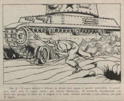 C фантазией у затейников, придумавших английскую и итальянскую инструкции было всё зашибись! А вот с физикой, механикой и просто здравым смыслом - не очень :)
Танк (в силу конструкции ходовой) тупо развернёт в сторону заклиненной "гусянки", ведущая шестерня хоть немного, но провернётся ("дури" у танкового двигла малость побольше, чем у солдатика, да и инерцию нескольких тонн металла никто не отменял)
В результате солдатиков, удерживающих лом/рельс, ПЕРЕЕ.БЁТ этой же железякой совершенно не по-детски. МОЩНО так перемкнёт, с развороту. Руки и ребра - переломает точно, а оторвет ли заодно башку - тут вопрос гадательный :) 
А танчик спокойно поедет дальше...