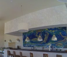У нас в городе есть бювет с минеральным источником воды. Одно время его закрыли и забросили, 2 года назад здание и бассейн выкупили и начали реставрацию. И как оказалось на 2м этаже, где делали ресторан была мозаика 60х годов. С начала хотели все разломать, но потом решили оставить. И не зря, в живую смотрится замечательно. Правда в полный размер у меня нет фотки.......