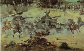 Бой под Кроянтами (польск. Bitwa pod Krojantami[1])   кавалерийская атака польской армии против немецких войск в ходе польской кампании вермахта. Произошла 1 сентября 1939 года под Кроянтами. Польские войска, продвигаясь вдоль Восточно-Прусской железной дороги (англ.), в семи километрах от Хойнице атаковали немецкий отряд. Польская кавалерия вынуждена была отступить под пулемётным огнём. Эта битва стала частью большой серии боёв в борах Тухольских.

Сражение стало известным благодаря следующему факту: очевидцы, глядя на трупы убитых поляков, по непонятным причинам стали заявлять, что польские кавалеристы пытались повредить танки своим холодным оружием. Немецкая пропаганда[2] стала использовать этот факт, доказывая абсолютное неумение поляков различать истинную и ложную информацию. С другой стороны, для запугивания противника поляки придумали миф, что поляки всё же разрубили хотя бы один танк или бронеавтомобиль холодным оружием, доказывая свою отчаянную храбрость и желание защищать свою Родину от захватчиков[3].

18-й уланский полк столкнулся с отрядом немецкой пехоты на равнине около Тухольского Бора и перекрёстка на железной дороге Хойнице-Руново. Полковник Казимир Масталеж дал распоряжение командиру 1-го эскадрона Эугениушу Свищаку в 19:00 подготовить засаду и атаковать силами двух эскадронов (250 человек) немецкие силы. В резерве оставались ещё два эскадрона и бронетанковый отряд из танкеток TKS и TK-3.

Первоначально атака оказалась успешной, поскольку немцы разбежались, и поляки заняли равнину. Однако на помощь немцам пришли бронеавтомобили из 20-го разведывательного отряда Sd.Kfz.222 и Sd.Kfz.231. Пулемётный огонь заставил поляков спешно отступить на ближайшую возвышенность.[4] Во время отступления погибли и Свищак, и Масталеж, а всего же поляки потеряли около трети личного состава. Впрочем, это замедлило продвижение немцев и помогло полякам отправить силы из 1-го стрелкового батальона и батальона  Черск  к Хойнице.

Атака польской кавалерии произвела впечатление на немцев и вынудила их перейти временно к обороне, в течение которой должно было произойти тактическое отступление. Однако Гудериан немедленно отменил это распоряжение: в мемуарах он назвал глупостью то, что  отряд солдат в шлемах готовил противотанковую пушку против отражения атаки польских кавалеристов [5]. Также, по его словам,  паника в течение первого дня быстро прошла 

Вот это единственный момент Второй Мировой войны, который можно хоть как осла за уши притянуть к на танки с саблями...

 Автор как и всякий мудак тут же притянул полную чушь про советскую кавалерию...

Автор - Германия как и СССР всю войну наращивали кавалерию, кавдевизия в  ВОВ это мобильная пехота.  Кавалеристы сражались в бою как пехота - спешившись, суть была в том, что кавдевизия была очень мобильной и более тяжеловооруженной чем обычная пехотная.