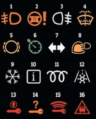 1. - Не светить!
2. - Не рулить!
3. - См. п.1 но для белых
4. - Опасное сближение с фонтаном
5. - О дрожащее
6. - 10 часов
7. - Туда-сюда
8. - Тоннель
9. - Зима скоро
10. - Интернет
11. - Пора рисовать сову
12. - Возможен выброс шестерёнок на дорогу
13. - Нужен ключ
14. - Где же это чёртов ключ, в конце-концов
15. -Введи пароль от Wi-Fi
16. - Машинка в треугольнике.