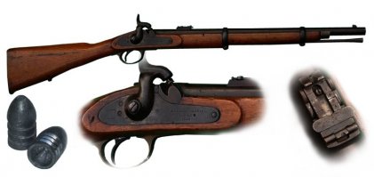 Это не мушкет. Это нарезная винтовка Энфилд Р-60. Примерно 1860 года. Очень похоже, что капсульная. Т.е. пираты уже в прошлом. Ещё раньше в наполеоновские применялась винтовка Бейкера, тоже нарезная.. с круглыми пулями. Для более плотного контакта с нарезами пулю, перед опусканием в ствол, оборачивали кусочком кожи.  У Р-60 как видно пули уже идут конические с нарезкой. Мушкет же, это гладкоствольное оружие с круглыми пулями.