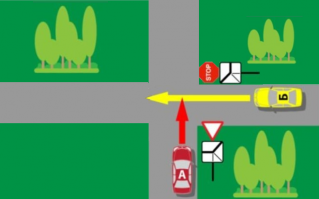 Чего все ругаются? На знаках у желтого и красного автомобилей показаны направления второстепенных дорог. Оба должны пропустить транспорт по главной. У красной знак уступи дорогу+помеха справа. Желтая выезжает первой. Здесь главная дорога отвлекает просто. Представьте ее в сл. виде, и все станет проще: