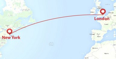 На вот тебе картинку, гений. С одной стороны Лондон, с другой - Нью Йорк. А посередине  - Атлантический океан. Атлантика. То есть перелет из Лондона в Нью Йорк - это перелет через Атлантику или трансантлантический перелет. и расстояние это - 3,470 мили. Достаточно разжевал для тебя, лаптя??