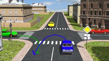 И чем тебя смущает эта картинка? Ты по ПДД обязан пропустить встречного по главной дороге, как эта главная дорога изгибается значения не имеет, белый авто на главной едет тебе навстречу. Остальных участников можно выбросить из поля зрения (это в теории, естественно, в жизни слишком много д.о.л.б.о.е.б.о.в).
На данной картинке совпало, что главная поворачивает направо. Аналогичная ситуация, только главная поворачивает налево, по ней едет белый авто (у меня на картинке зеленый), а тебе надо развернуться. Что, тоже помеха справа?
