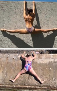 Мдяяя, с растяжкой у нас беда, да и жрать поменьше надо. Как-то буэ, на все это глядя. Хотя, на конкурсе дебилов можно приз отхватить.