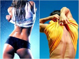 По разному снимают майку! Женщина - с низу "на перехлест2 снимает. 
Мужчина- за "плечи.