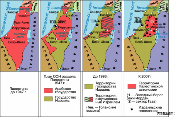 А теперь смотрим внимательно на фото и сравниваем даты: 1946,1947,1967,2000 г.г. И как все эти даты пересекаются с библией? Вот как менялись границы Израиля.