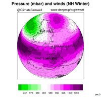 могу дополнить, хотя всё есть в ссылке в посте, под гифкой  

Мир Игры Престолов, показывающий позиции континентов по всему миру. Голубой цвет представляет собой океан, а цветовая гамма по континентам показывает высоту гор и холмов. Эта информация необходима климатической модели, поскольку характеристики поверхности, такие как высота и отражательная способность, оказывают сильное влияние на атмосферные ветры и температуру. (рис.1)

Угол наклона вращающейся оси планеты диктует тяжесть сезонов. Больший наклон приводит к сильным сезонам, тогда как меньший наклон приводит к слабым сезонам. Результаты климатической модели показывают, что хотя времена года в Игре Престолов продолжаются много лет, наклон планеты должен быть относительно небольшим, потому что в противном случае постоянные сезоны приведут к сверхтепловым температурам в летнем полушарии, приближаясь к 100 градусам Цельсия. (рис.2)

Давление на море и ветры, предсказанные климатической моделью зимой в Северном полушарии. Цветовая шкала показывает давление в миллибарах, а черные стрелки показывают ветры. Сильные ветры, вызванные перепадами давления к западу от Вестероса, приносят сильный ветер на Железные острова, объясняя морскую мощь Железнорождённых. (рис.3)