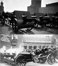 В первой половине войны некоторые корпуса из-за нехватки крупнокалиберной артиллерии использовали старые гаубицы. Например дивизионную гаубицу образца 1909 (30-х) годов. Весила она относительно немного (порядка 3-х тонн), и транспортировали её при помощи лошадей. Понятно, что медленно и неудобно, но не руками же толкать, это потом когда американцы ленд-лизовскими грузовиками помогли, и наша промышленность очухалась и смогла наладить более-менее серийный выпуск тягачей - тогда смогли с большего от лошадок отказаться, а в первые годы - таскали только в путь, по другому никак. Сама гаубица вроде как до конца ВОВ использовалась. Так что насчёт деревянных колёс Анатолий Соколов загнул (либо выразился неверно - на телегах боеприпасы возили) но то что гаубицы лошади таскали - чистая правда.