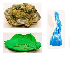 Я бы никогда не поставила этот серый   безглазый ужас в квартире.
  моя глина обжигается.
У меня все для детей. 
Гномики,пингвинчики кошечки и особенно цветы.
В вазах букеты.  Тарелки
Есть подражание картинам  классиков.
И все из глины.
 Но люблю яркие цвета.