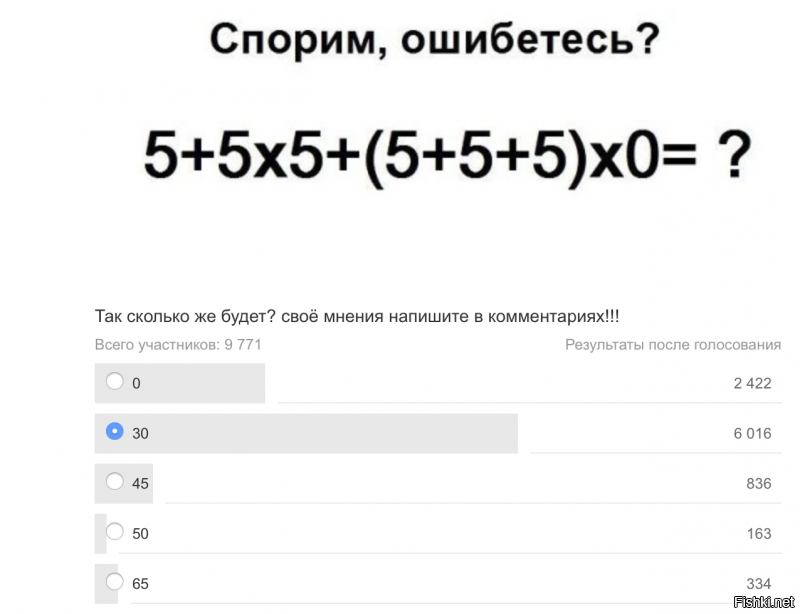 Я на днях опубликовал тут пост про уровень образованности у нас. Пост махом набрал кучу минусов и ушел с ленты. Почему? Да потому что текст особо никто не читает, большенство тупо смотрит картинки. Было написано "это РЕЗУЛЬТАТЫ тестов", ну а обычных человек сначала тыкает, а потом читает.  Или не читает, тыкает и обижается, что не работает. 
"Нафиг думать, прыгать надо" - и это очень жизненный анекдот.
Ниже несколько КАРТИНОК с РЕЗУЛЬТАТАМИ ТЕСТОВ, НЕ ПЫТАЙТЕСЬ ЖАТЬ НА КНОПКИ ГОЛОСОВАЛОК, ЭТО НЕ РАБОТАЕТ!!! ЭТО КАРТИНКИ, А НЕ ГОЛОСОВАЛКИ!
Процентов 20 населения не в состоянии решить элементарные математические задачи уровня первого-второго класса.