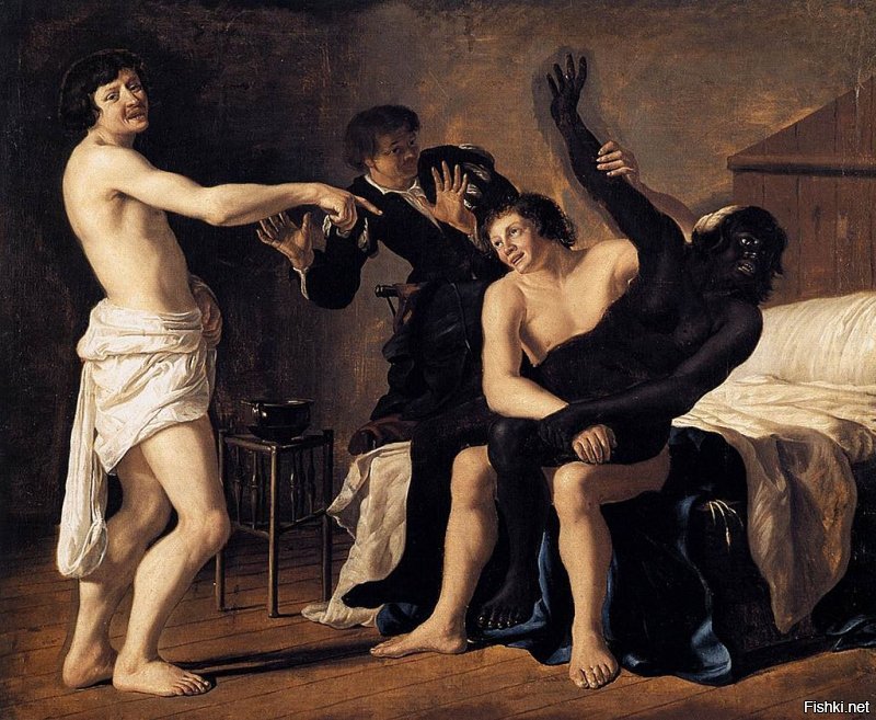 Картина забавная в Википедии в статье про афроамериканцев.
"Белые мужчины и черная рабыня".
Картина ван Кувенберга, 1632 г.

(на Чубакку похожа)))