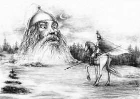 ...
Пред ним живая голова.
Огромны очи сном объяты;
Храпит, качая шлем пернатый,
И перья в темной высоте,
Как тени, ходят, развеваясь.
В своей ужасной красоте
Над мрачной степью возвышаясь,
Безмолвием окружена,
Пустыни сторож безымянной,
Руслану предстоит она
Громадой грозной и туманной.
...