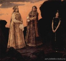 ну если интересно, то царевны в богатых одеяниях - золота и драгоценных камней. У них выражения лиц  надменные, потому что они служат людской алчности. И сами наряды в старорусском стиле, потому что золото и камни давно открыты. В то время как третья царевна имеет наряд скромный, черного цвета, и выражение лица под стать наряду - это царевна угля, и она служит на благо людей, обогревая их. И наряд у нее достаточно современный по тем временам, потому что уголь открыли сравнительно недавно.
А вообще там возле каждой картины можно долго стоять.
Мне в этом плане нравится Федотов: каждая картина - целый рассказ )