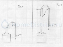 Graboid, не за что!
Канистра - то что надо!
Насчет гофры....
Ведите ли..
Лет 5 назад, когда я хотел сделать первый аппарат, совсем простой, ну, куб и змеевик, я полез на форум самогонщиков с вопросом - какой длинны сделать змеевик из гофры?
Мне сказали так-не делай змеевик. Разочаруешься и забросишь.
Теперь по существу.
Восходящий холодильник из гофры вполне. Только не надо трахаться с пайкой кожуха из оцинковки. 
Намного проще он делается из медной трубы отопления (на любом рынке с разными там переходниками, и паяется проще).
Также делают из белой трубы ПВХ
Длинна - да 50-60 см. На 2,5 КВТ довольно.
И как раз не утеплять его надо, а охлаждать, причем дозированно.
Схему приложу ниже. 
Чем плох змеевик? Малым КПД, и в добавок, если для него использована гофра,за счет ребер вся дрянь размажется по погону. 

Делайте из не же прямоточник.

"емкость с брагой размещу ниже ПГ и соединю силиконовым шлангом" Силиконом - запросто, а вот без обратного при остывании ПГ брагу внутрь затянет... 

"гонят из той же емкости" Возможно. Но дело в том, что после брожения на дно выпадает осадок отработавших свое дрожжей, при кипячении они дают вонищщщщу!
Вот даже представлять не хочу, что у них в итоге получается.
 Намного лучше осветлившуюся брагу с осадка аккуратно сливать.
Но вообще, тема столь обширна, что если Вы всерьез хотите заняться этим хобби,(а поверьте, это очень захватывающее занятие - я не про пьянство, а про изготовление)то я бы Вам посоветовал форум "forum.homedistiller.ru", думаю это лучший. 
Он довольно большой, начните с информации для новичков, там в принципе расписана вся теория и практика. 
Также есть видеоуроки на сайте "самогон и водка", 
и хотя лектор несколько зануден, но на видео все очень даже понятно.

Надеюсь за ссылки не забанят :)