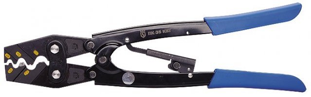 Добавлю до кучи на электро-тематику. Пресс-клещи, для соединения проводов при помощи гильз. Два провода "в стык" или несколько параллельно, вставляются в специальную гильзу, которая с огромным усилием сжимается соответствующим пазом клещей и намертво зажимает внутри себя провода, после чего конструкция изолируется термоусадкой или обычной изолентой. Соединение получается достаточно надежное и не требующее обслуживания, поэтому наряду с пайкой и сваркой разрешено для использования в недоступных местах (в отличие от WAGO и винтовых клемм, а тем более скрутки). Аналогично на провода крепятся всякие наконечники. Для больших сечений имеется гидравлический вариант пресс-клещей.