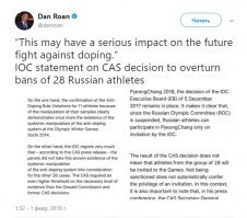 МОК: То, что российских спортсменов оправдал CAS, не означает, что они поедут на Олимпиаду

Международный олимпийский комитет (МОК) отреагировал на решение Спортивного арбитражного суда об отмене дисквалификации 28 российских атлетов.

Документ 1 февраля выложил в Twitter журналист BBC Дэн Роан. В МОК заявили, что  решение CAS не означает, что эти 28 спортсменов будут приглашены на Игры-2018 .  Не находиться под санкциями   не означает автоматически получить приглашение на Олимпиаду ,   уточняется в заявлении МОК. Организация оставляет за собой право по итогам вынесенного CAS решения обратиться в федеральный суд Швейцарии.