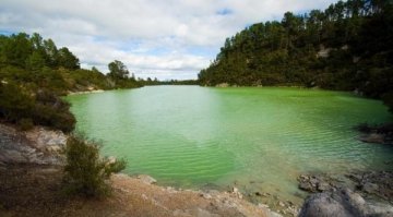 Красных озер с незамерзайками вообще много. Один из примеров - озеро Малиновое в Алтайском крае.
Желтую незамерзайку можно в Эфиопии набирать в озере Аваса (хотя оно больше на лужу похоже), а зеленую - в одном из озер долины Ваймангу в Новой Зеландии