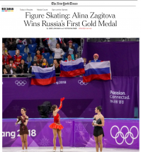 А вот фото из из "Нью-Йорк Таймс".  Обратите внимание, никаких нейтральных спортсменов. Все конкретно: РОССИЯ.