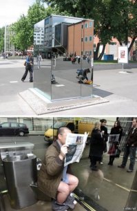 Туалет в Лондоне. Зеркальный снаружи, прозрачный изнутри.