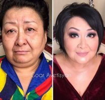 Не знаю как в реальности выглядят намакеяженные клиентки Гоар, потому что здесь показан реально жесткий фотошоп. Ну невозможно при помощи одного макияжа убрать второй и третий подбородки, разве что слегка замаскировать.