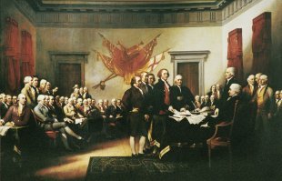 Я тоже так могу. На картине на самом деле:
Джон Адамс - Второй президент США - дырявый носок
Джордж Вашингтон - с бодуна, после пьянки по случаю взятия фермы O'Релли с тремя козами и одной овцой 
Александр Гамильтон - грязные трусы
Томас Джефферсон - подрался вчера в кабаке с пьяными английскими матросами
Бенджамин Франклин - смухлевал в конкурсе на стодолларовую бумажку...
Так нормально будет, либерастина?