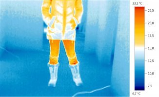 Попался мне тут в руки тепловизор и сфоткал я свою девушку в него. Очень любопытная картинка оказалась: теплопотери идут через колготки и джинсы более всего, затем пропускает пуховик, а Баффины остаются холодными и ничего не пропускают