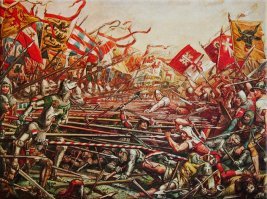 Около ста лет (с 1400-1500 приблизительно) был "золотой век" швейцарской пехоты, пример как не имея много денег, "заточить" обычных мужиков на уничтожение рыцарской , феодальной конницы. Встреться например, швейцарцы с монгольской конницей, испанской пехотой или английскими лучниками -и результат был бы совсем другим. 
Только первый ряд имел хоть какую то защиту, как правило -нагрудник,шлем и левую "латную" руку (и то не всегда), а фехтовать умел только 3 ряд (именно он был вооружен алебардами, гизармами, глефами и моргенштернами)

По поводу картинок автора -увы, на последних двух изображены НЕ швейцарцы (по крайней мере на переднем фоне, к сожалению не нашел оригинал)-слева стоит типичный французский арбалетчик 1300 года (деревянный многослойный лук, тетива из жил), справа я бы сказал - сержант Тевтонского ордена( да белые кресты любили носить швейцарцы, НО -характерная форма кинжала! И в руке у него НЕ пика, а копье!)
На нижней же картинке вообще сверху до бедра типичные рыцарские доспехи (даже кольчуга под нагрудником видна! Да хрен в таком доспехе с пикой побегаешь! Автор рисунка "попытался" адаптировать рыцарский доспех к горожанину из швейцарского кантона ...безуспешно) ...ИМХО