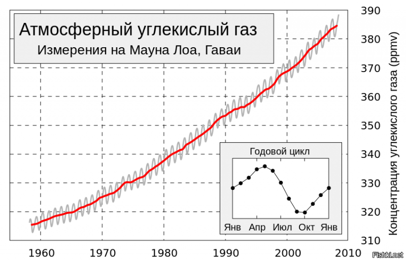 "В связи с активным использованием человечеством ископаемых энергоносителей в качестве топлива происходит быстрое увеличение концентрации этого газа в атмосфере. Кроме того, по данным МГЭИК ООН, до 20% антропогенных выбросов CO2 являются результатом обезлесения.
Впервые антропогенное влияние на концентрацию диоксида углерода отмечается с середины XIX века. Начиная с этого времени, темп его роста увеличивался и в конце 2000-х годов происходил со скоростью 2,20+-0,01 ppm/год или 1,7 % за год.....
....увеличение концентрации с доиндустриального уровня 280 ppm до современного 392 ppm эквивалентно дополнительному выделению 1,8 Вт на каждый квадратный метр поверхности планеты. 
Отличительной особенностью парниковых свойств диоксида углерода по сравнению с другими газами является его долговременное воздействие на климат, которое после прекращения вызвавшей его эмиссии остаётся в значительной степени постоянным на протяжении до тысячи лет. Другие парниковые газы, такие как метан и оксид азота, сохраняются в свободном состоянии в атмосфере не так долго....
...диоксид углерода постепенно аккумулируется в атмосфере, и в 2009 году его концентрация на 39 % превысила доиндустриальное значение....
...В современный период времени концентрация углекислого газа сохраняет устойчивый рост, в 2009 году средняя концентрация CO2 в земной атмосфере составляла 0,0387 % или 387 ppm, в сентябре 2016 года превысила 400 ppm....
...В 2017 году Всемирная метеорологическая организация сообщила, что концентрация диоксида углерода в атмосфере Земли достигла самого высокого уровня за последние 800 тысяч лет уровня: 403,3 ppm."