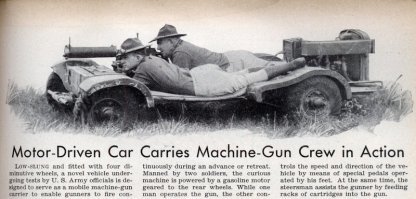 Журнал Popular Science за февраль 1938 года рассказывает об испытаниях новейшей американской тачанки. Информации, скажем так, немного. Машинка, оснащена бензиновым двигателем, заднеприводная, экипаж - два человека: мехвод (он же и заряжающий) и наводчик. Почему-то мне кажется, что эту штуку на вооружение так и не приняли.
Конечно, это не совсем панцер, но уж точно шуш. 
В первом же комменте машинку назвали по имени. Имя ей Belly Flopper. Конструкторы - капитан американской армии Роберт Хоуви (Robert G. Howie) и сержант М.Майли (M. Wiley). Вплоть до 40-го года эти энтузиасты пытались добиться принятия на вооружение своего детища. Но так ничего и не добились. 

П.С. ИМХО, путаница с передним/задним приводом возможно связана с тем, что взятую за основу базу от Ford model 77, а позже от Austin'а, перевернули задом на перед... и что считать передом, а что задом так не определились (Сарказм ))))