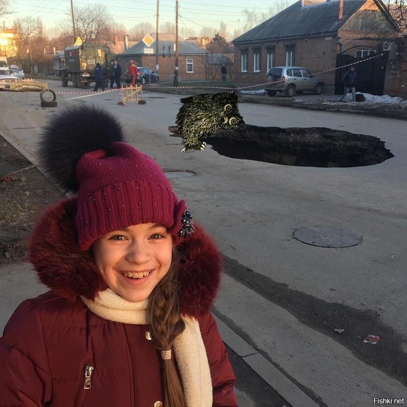 Школьница у провала в Таганроге стала героиней фотожаб