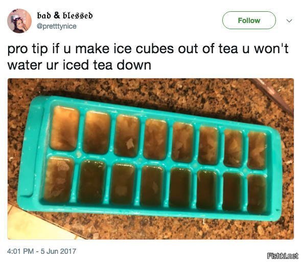 "Профессиональный совет: если сделать кубики льда из чая, то не надо будет разбавлять ледяной чай водой"

Конечно не надо ледяной чай водой разбавлять, лучше так погрыздь