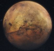 Вспомнил, кого мне напоминает Марс. Игра- Масс Эффект. 
Клендагон   засушливая планета, обладающая большими размерами, чем Земля, но меньшей плотностью (из-за низкого содержания тяжёлых элементов). Кора состоит из олова и алюминия, тонкий песок обширных пустынь легко поднимается в воздух ветром.
Главная достопримечательность Клендагона   Великий разлом, протянувшийся через всё южное полушарие. Особенно любопытно то, что учёные считают разлом искусственным образованием   шрамом от работы ускорителя массы невероятной мощности. По последним оценкам, след на планете был оставлен около 37 миллионов лет назад.