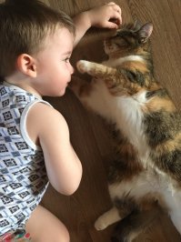 Вот вам нестудийно))) Мой внук и его любимка) Они даже в угол вместе встают, если парня наказывают)))