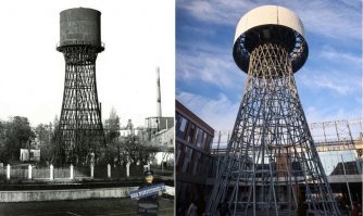 А про Шуховскую водонапорную башню лучше бы рассказал, что ее основание имеет интересную вогнутую  форму, при этом - ни одного гнутого металлического элемента - только прямые балки, стоящие под углом.