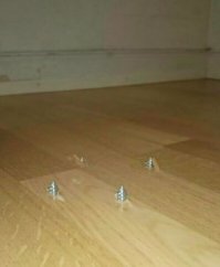 Знакомый рассказывал, что у него такое произошло, только в стене, сосед делал ремонт и выбрал слишком длинные дюбеля (такие что забиваются пневматически), так как сосед был мудаком, он тогда ничего не сказал, дождался когда тот закончит ремонт и выбил их обратно.