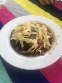 Рецепт похож на тот что сам готовлю.Кому лень лапшу делать самим, можно брать итальянские тальятелли( такие гнезда из тведых сортов пшеницы). И я вместо баклажана беру кабачек - он реально вкуснее. Готовлю все в казане. Вот фото