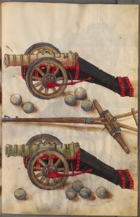 Ради исторической точности, напомню, что 1500-е годы - конец существования рыцарского воинства. "Полный доспех", созданный при дворе императора Максимилиана I был последней попыткой создать абсолютную защиту против огнестрельного оружия. 
И тот же Максимилиан сделал ставку на войско ландскнехтов, вооружённое огнестрельным оружием, которое император также знал в совершенстве.
Две страницы из  энциклопедии артиллерии, написанной при дворе Максимилиана в 1502 году. Примерно так же выглядели ружья и пушки ещё и следующие 200 лет: