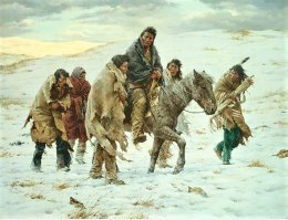 вот известная картина "Вождь едет сдаваться". Все отчаяние изчезающего народа. Вождь не- персов Hin-mah-too-yah-lat-kekt, по "белому" - Джозеф, командовал последней войной индейцев с белыми. Бывал на их резервации в прерии в Айдахо, впечатления гнетущие