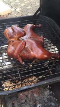 Откуда ты взял жидкий дым ? снизу у меня вода с вином налита что бы вкус был от испарения еще ниже в фольге с дырками опилки .Вот второй вариант коптильню сделал по быстрому из того что было 20 минут и 8 шурупов ветки и тд все в огроде