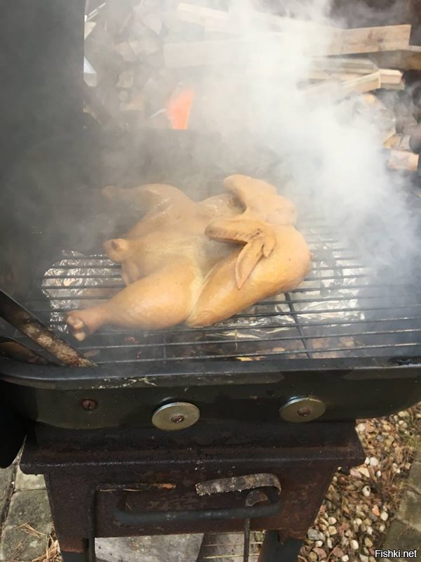 Откуда ты взял жидкий дым ? снизу у меня вода с вином налита что бы вкус был от испарения еще ниже в фольге с дырками опилки .Вот второй вариант коптильню сделал по быстрому из того что было 20 минут и 8 шурупов ветки и тд все в огроде