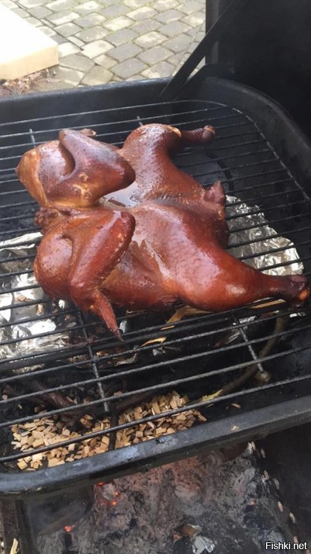 Откуда ты взял жидкий дым ? снизу у меня вода с вином налита что бы вкус был от испарения еще ниже в фольге с дырками опилки .Вот второй вариант коптильню сделал по быстрому из того что было 20 минут и 8 шурупов ветки и тд все в огроде