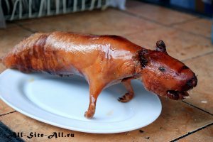 Куй - это название породы гигантских морских свинок. На самом деле блюдо не такое уж и ужасное, по вкусу напоминает куриное мясо. Ужасным можно назвать только его внешний вид. По вкусу мясо имеет средний вкус между курицей и кроликом. А готовят куй очень просто - свинку целиком маринуют в смеси специй и пряностей (чили, лука, зиры и т.д. - кому как нравится), а затем жарят (опять же целиком) на вертеле. Если Вы хотите попробовать данный деликатес, но желаете сохранить в порядке свою нервную систему - попросите подать его Вам в порезанном виде. Приятного аппетита.