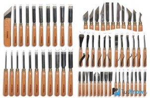 У меня отец раньше объемной резьбой занимался, вырезал разные прикольные штуки, особенно у него классно получались маски африканских божков. Вырезал он как-то лицо Зевса, у которого губы выдвигались, а за ними маленькая шуфляточка, но мать со временем просекла тему. Так вот, я тоже у него спрашивал как переводиться плоский рисунок на заготовке в объем, а он мне сказал, что просто чувствует как надо резать и все.
А набор инструмента примерно такой.