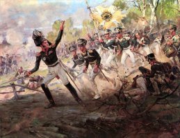 Н. С. Самокиш. "Подвиг солдат Раевского под Салтановкой".  Холст, масло. 1912 год Картина находится на хранении в музее-панораме "Бородинская битва".

Бой под Салтановкой произошел 23 июля (11 июля по старому стилю) 1812 года. В результате сражения попытка прорыва 2-й армии генерала Петра Багратиона через Могилев на соединение с 1-й армией не удалась. На картине изображена героическая атака корпуса Генерала Раевского на позиции маршала Даву. Задачей, стоявшей перед атаковавшими, было сковать боем неприятеля и отбросить его передовые силы, чтобы обеспечить 2-й армии Багратиона время на переправу через Днепр и ликвидировать опасность ее окружения и отсечения возможности соединения с силами 1-й Западной армии. 2-я Западная армия была спасена от окружения превосходящими силами, однако по окончании сражения французы считали, что именно они достигли успеха в бою.

В ходе сражения генерал Раевский проявил исключительный героизм. Он лично возглавил атаку и отбросил один из французских батальонов. Ходила легенда о том, что Раевский повлек за собой в бой двух своих сыновей, однако адъютант генерала, Батюшков, в своих мемуарах указывает на то, что Раевский лично опроверг этот слух: "Правда, я был впереди. Солдаты пятились, я ободрял их. Со мною были адъютанты, ординарцы. По левую сторону всех перебило и переранило, на мне остановилась картечь. Но детей моих не было в эту минуту. Младший сын сбирал в лесу ягоды (он был тогда сущий ребенок, и пуля ему прострелила панталоны); вот и все тут, весь анекдот сочинен в Петербурге".

А мушкетёры тут вообще не при чём.