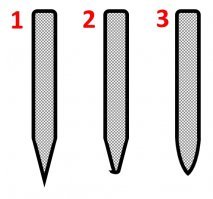 Домашние хитрости Pravednik84  Полминуты назад
У него изначально очень острый угол заточки [puc.1]. Для работы по сахарному троснику (производитель же в Бразилии) может быть это и хорошо, но в условиях сада от попадания по земле, твердой или сухой древесине и т.п. кромка режущей части нередко сминается [puc.2]. Но это же не кухонник, который правится легко парой движений об мусат - с этим так не наиграешься. Вот я и переточил, изменив клиновидную кромку в "линзу", придав мачете более тупой "топорный" угол заточки [puc.3], который более устойчив к воздействиям. Да, он стал не такой злючий, и силу необходимо теперь прилагать бо льшую, нежели раньше, но у меня один из самых тяжелых экземпляров (клинок 45 см), да и дури хватает. А вот мои домашние предпочитают работать 35-сантиметровым с клиновидной заточкой (но там и амбиции с толщиной веток совсем другие).