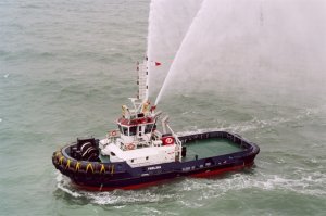 2. AZIMUTHING STERN-DRIVE TUG (ASD)    АЗИМУТАЛЬНЫЙ БУКСИР 

Azimuthing stern-drive tug (ASD)    Азимутальный буксир  - буксир с кормовым расположением азимутальных  полноповоротных  винторулевых колонок. Он подобен по типу традиционному двухвинтовому буксиру, однако обычный винт и гребной вал заменены на азимутальные винторулевые устройства.

Азимутальные устройства состоят из обычных винтов, оборудованных поворотными насадками, которые могут вращаться на 360 градусов для предоставления тяги в любом направлении без использования рулей.  Наиболее распространена конструкция, получившая название  Z-Drive  благодаря особенности вала который горизонтален на выходе из двигателя, вертикален по отношению к корпусу и снова горизонтален на ступице винта, в целом образует собой форму подобную букве  Z , также устанавливаются конструкции типа  L-Drive .

Как правило, буксиры типа ASD имеют буксирную лебедку на баке, но иногда и на корме. В большинстве случаев буксиры ASD используются как портовые буксиры, для сопровождения судов в акватории порта и в открытом море. Среднее  тяговое усилие составляет порядка 65 тонн (и более).