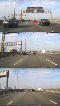 Ну то, что водитель бмв - долбое..б, это понятно. 
По мне, так он просто хотел попасть самый  левый ряд, и дернул рулем вправо, так как по левому ряду ехал черный автомобиль (попытался нарисовать ниже.)
Вас, кстати, не штрафуют за постоянную езду в левых рядах на автомагистрали как в данном видео? На съезд можно все свалить, наверное.  Но у нас бы это не прокатило.