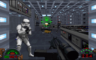 И ещё
Dark Forces

Жанр:	3D Action
Разработчик:	LucasArts
Издатель:	LucasArts
Год выхода:	1994
По сравнению с тем же Doom Вы обладаете возможностью смотреть вверх и вниз, прыгать и приседать.